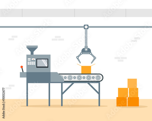 Conveyor Machine in Factory - flat vector illustration. Manufacture and packaging on factory by conveyor belt. Production concept.
