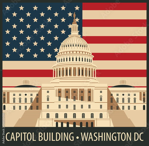 Vector illustration Capitol Building in Washington, DC with flag