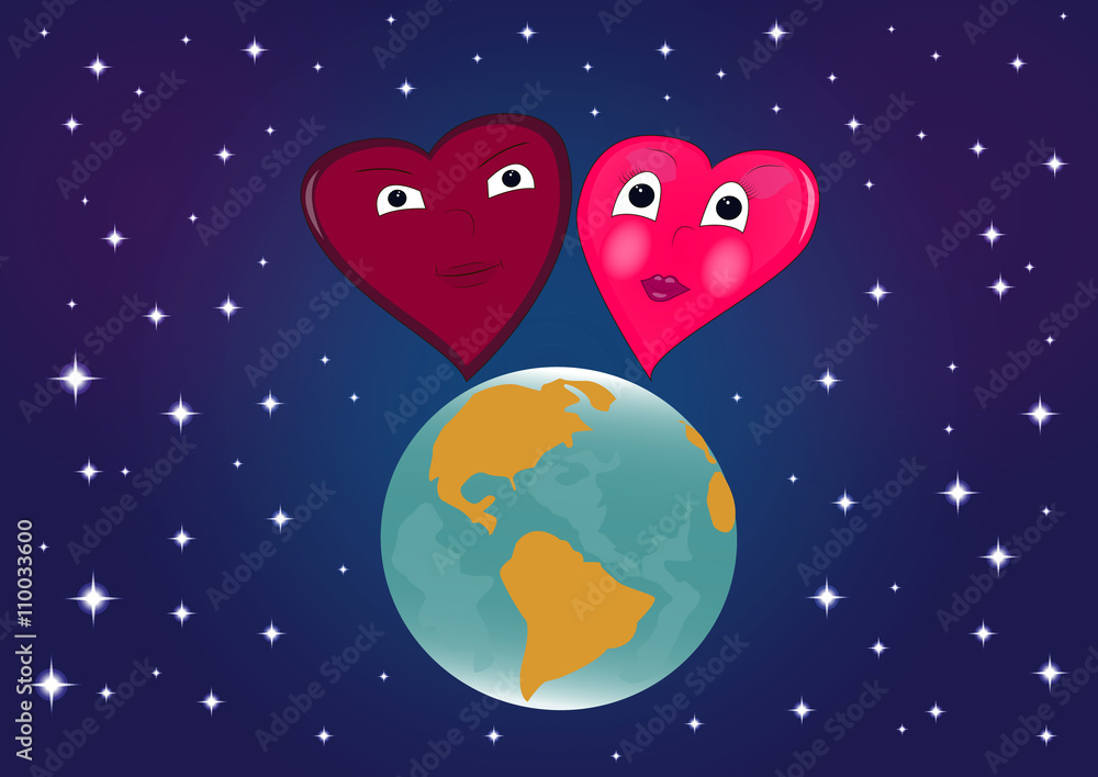 Valentine, two hearts in love on the globe Valentine, two hearts in love on the globe