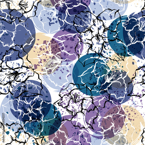 Seamless modern floral pattern with gladioli, spots, blots and splashes of paint