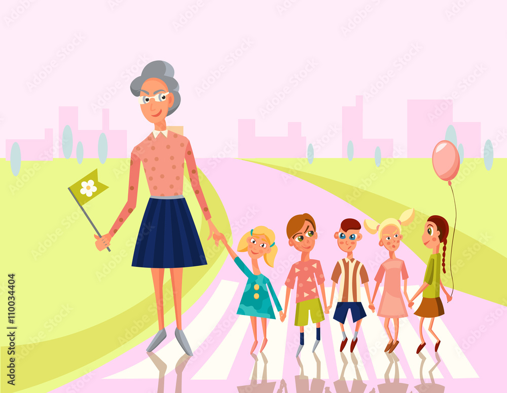 Teacher lead Kids cross the Street to School, Kindergarten, Preschoo?. Education Concept.Vector Character Illustration. Teacher lead Kids cross the Street to School, Kindergarten, Preschoo?. Education Concept.Vector Character Illustration.