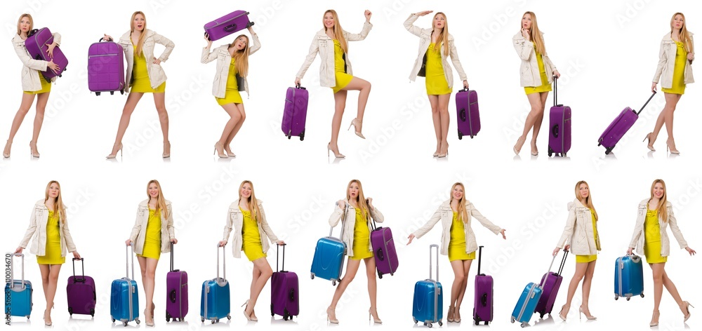 Woman preparing for vacation with suitcase on white Woman preparing for vacation with suitcase on white