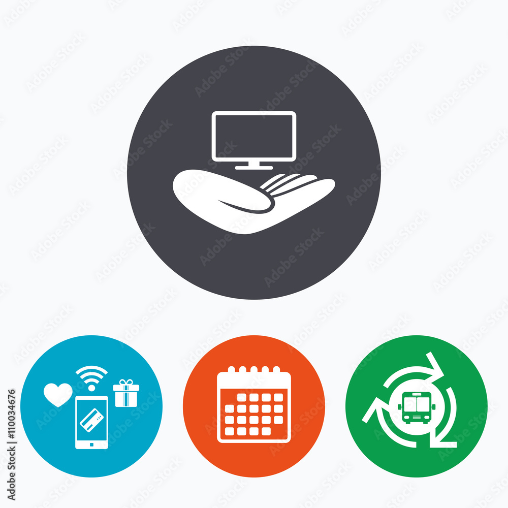 TV insurance sign. Hand holds wide-screen TV. TV insurance sign. Hand holds wide-screen TV.
