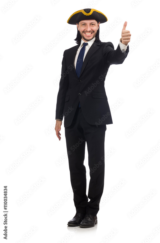 Young businessman wearing tricorn isolated on white Young businessman wearing tricorn isolated on white