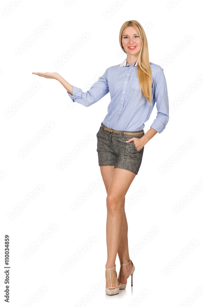 Blondie girl in gray tweed shorts isolated on white Blondie girl in gray tweed shorts isolated on white