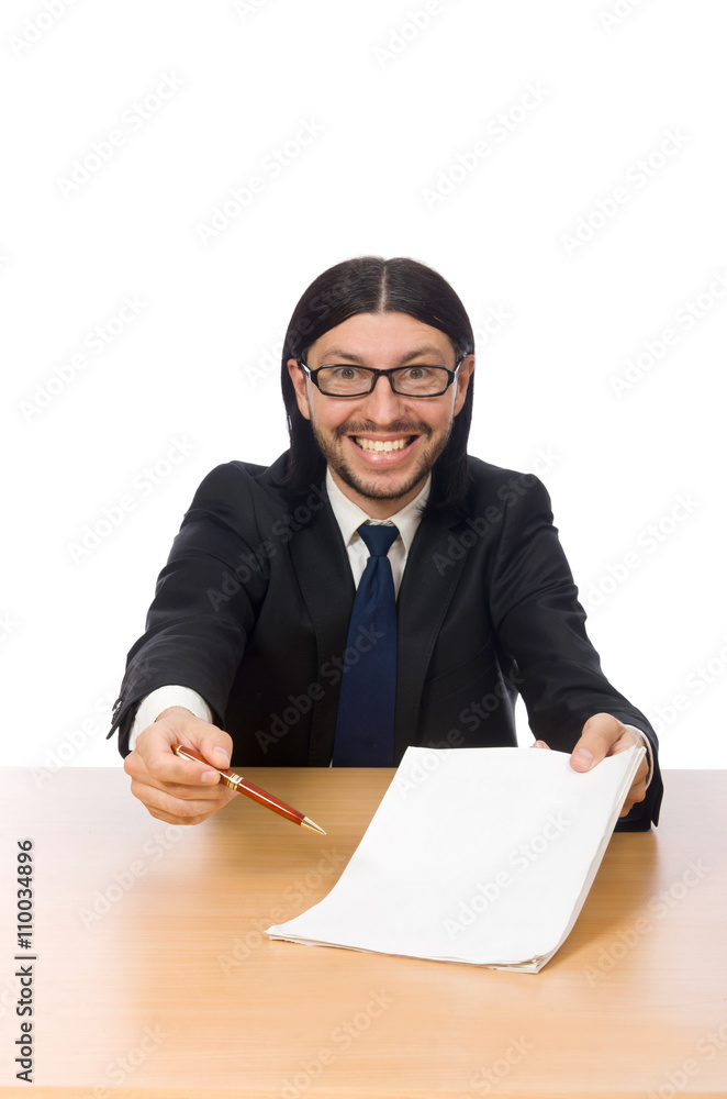 Young businessman holding the contract isolated on white Young businessman holding the contract isolated on white