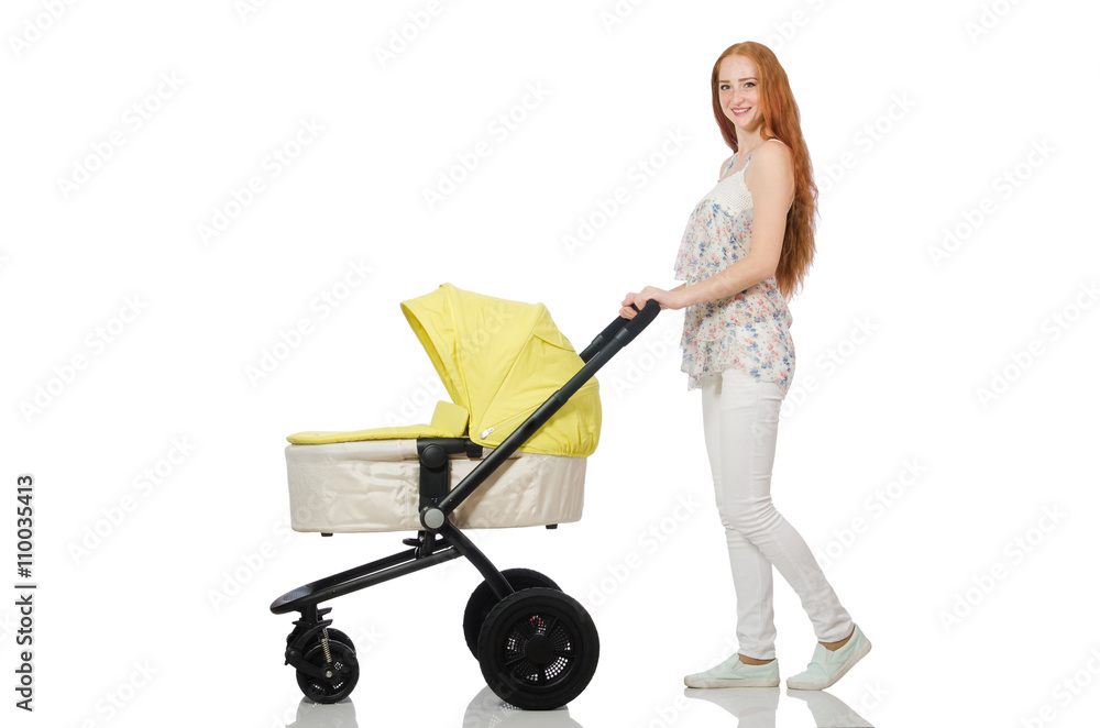 Woman with baby and pram isolated on white Woman with baby and pram isolated on white