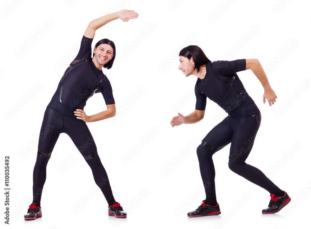 Obraz premium Young man doing exercises on white