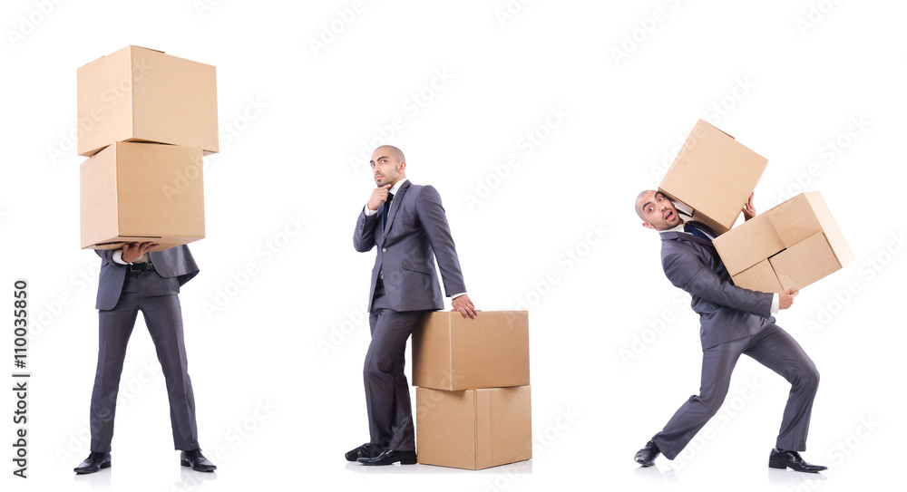 Collage of photos with man and boxes Collage of photos with man and boxes
