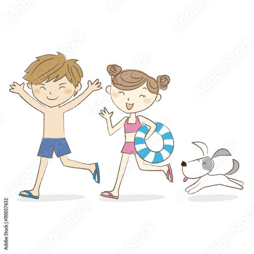 犬といっしょに元気に走り回る水着の男の子と