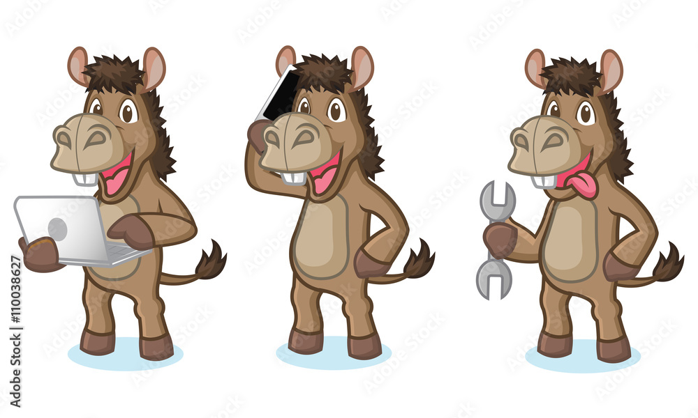 Brown Donkey Mascot with phone Brown Donkey Mascot with phone
