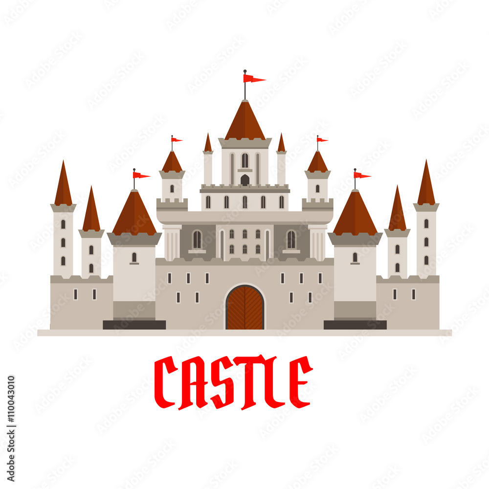 Fortified castle icon with flags and watchtowers