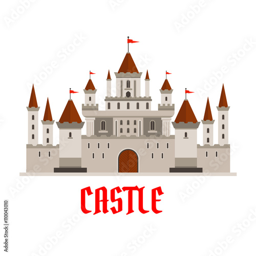 Fortified castle icon with flags and watchtowers