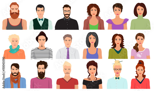 Man Male and Female woman character faces avatar icon in different clothes and hair styles set.