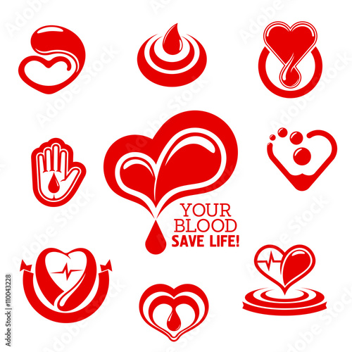 Red hearts and helping hand with drops of blood