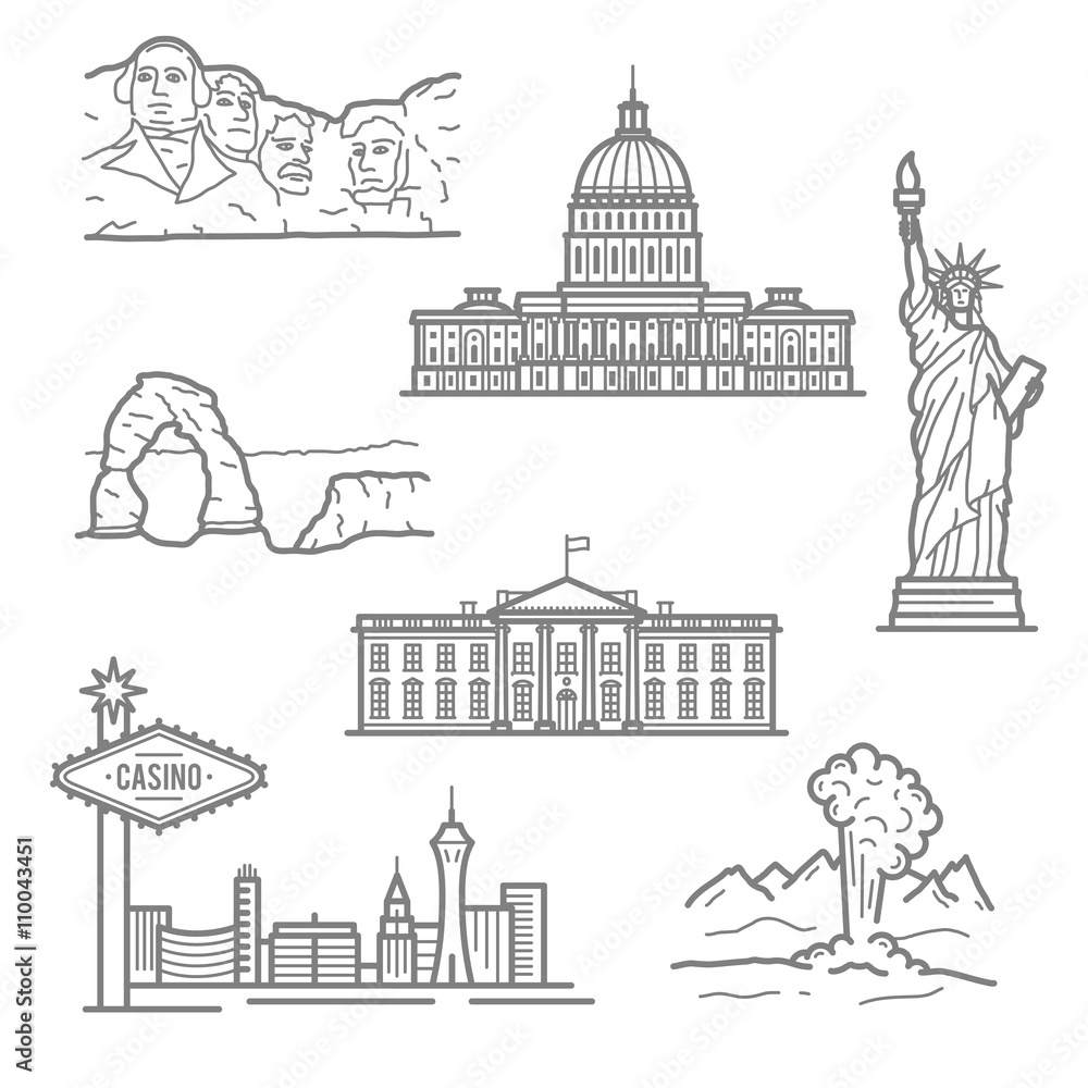 National landmarks of USA icons in thin line style