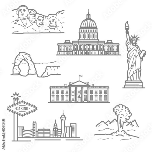 National landmarks of USA icons in thin line style