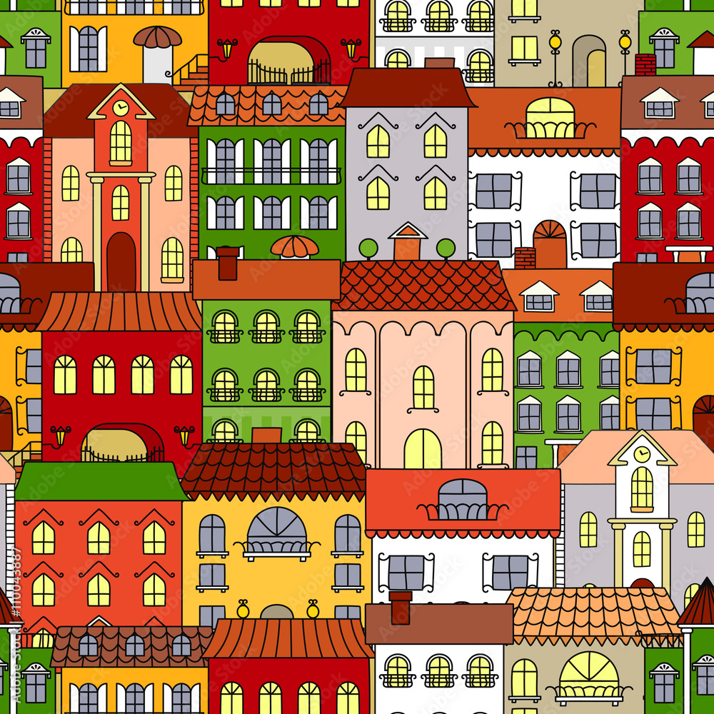 Retro seamless houses of old town streets pattern
