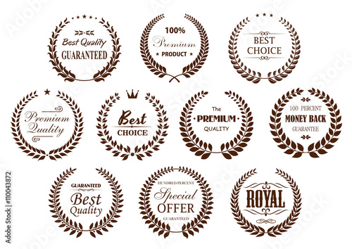 Quality guarantee icons with brown laurel wreaths