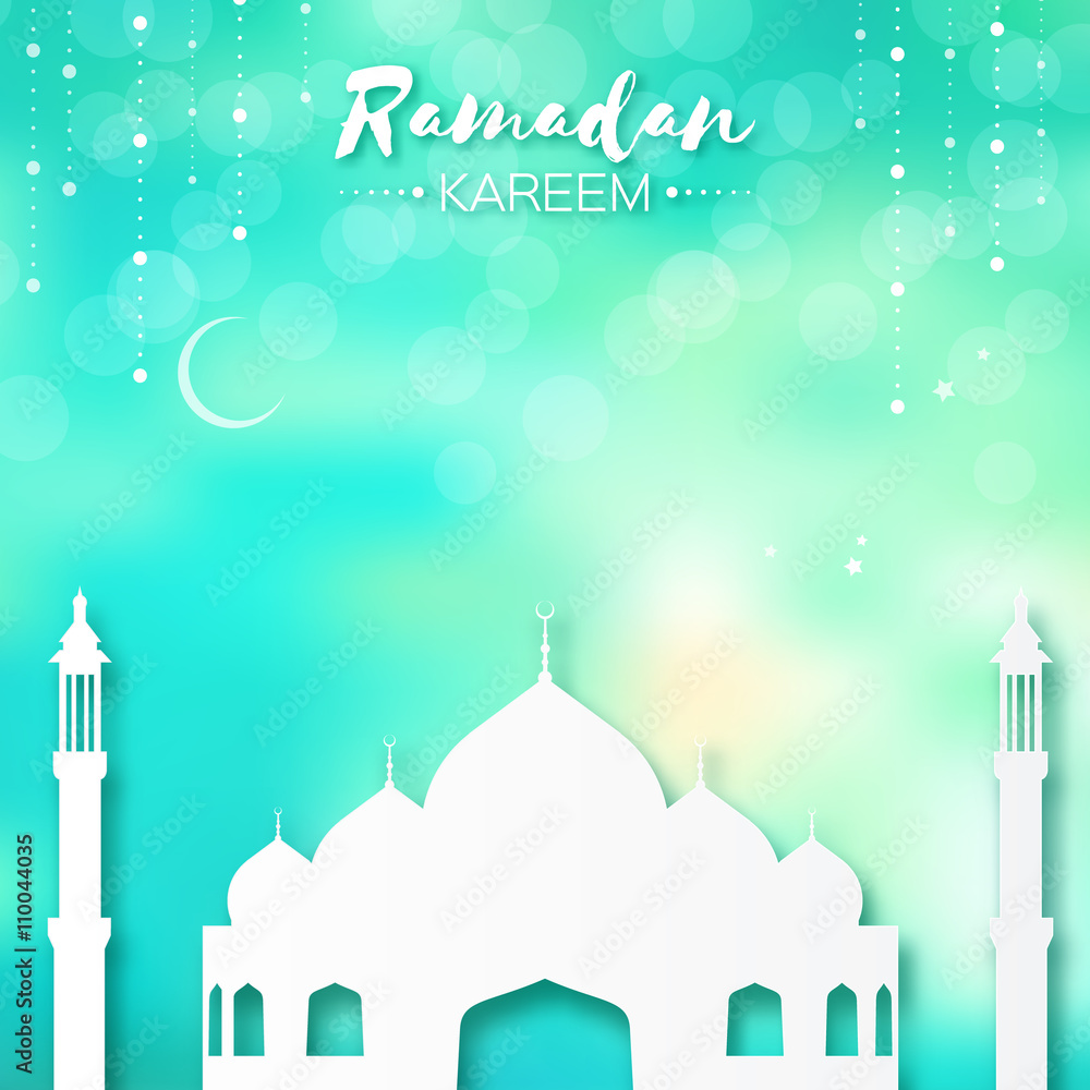 Blue Origami Mosque Ramadan Kareem Greeting card. Crescent Moon. Holy month of muslim. Symbol of Islam. Applique Design Vector illustration.