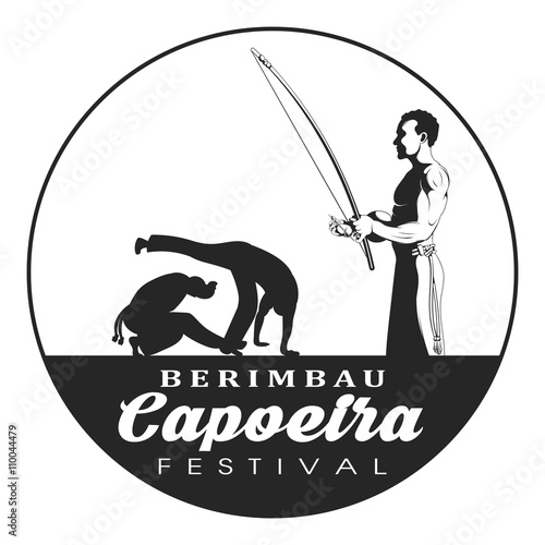 Capoeira berimbau festival badge. Capoeira dancer playing a instrument berimbau. Two capoeira dance fighter silhouette.