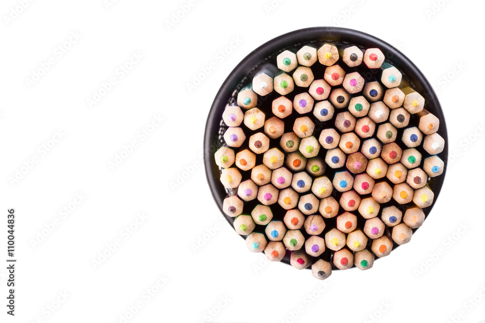 Set of color pencils in a black office bin Set of color pencils in a black office bin