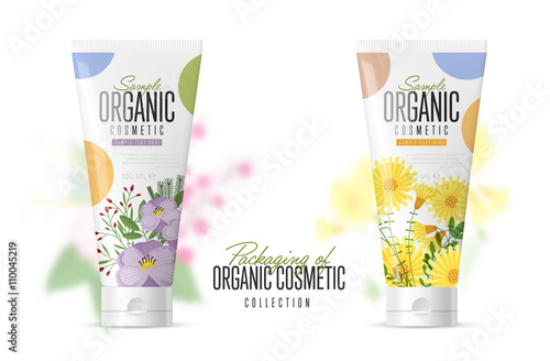 Body care products. Brand concept of organic cosmetics. Summer Series with flowers. Vector pattern. Abstract brand for adaptations. Realistic cosmetic packaging isolated on white background.