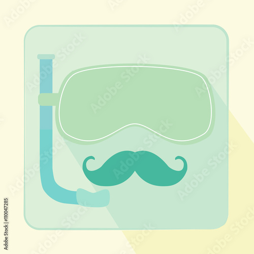 Diving mask with snorkel flat square icon with long shadow and hipster moustache