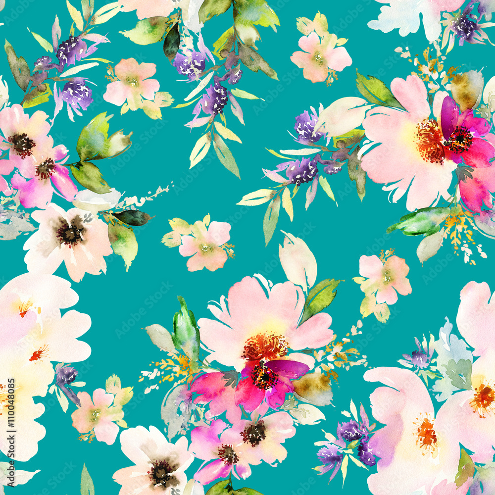 Seamless pattern with flowers watercolor Stock Illustration | Adobe Stock