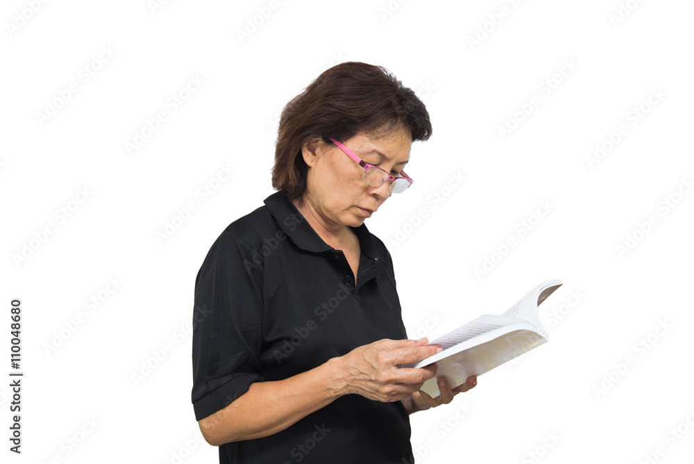 The elderly woman reads the book isolated white on background The elderly woman reads the book isolated white on background