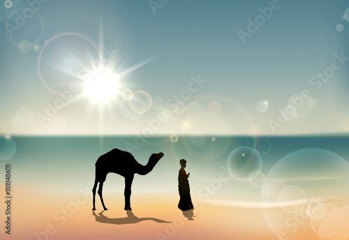 Camel And Arabic Merchant under Sunset 