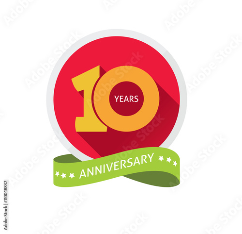 Anniversary 10th logo template with a shadow on circle and the number 1 one. 10 years anniversary icon. Ten years birthday party symbol. Tenth company. Promotion sale sticker ribbon, poster, emblem