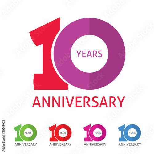 10th anniversary logo template with a shadow on circle number 1 one. 10 years anniversary icon. Ten years birthday party symbol. Tenth company sale sticker, badge, ribbon, poster, logotype, emblem