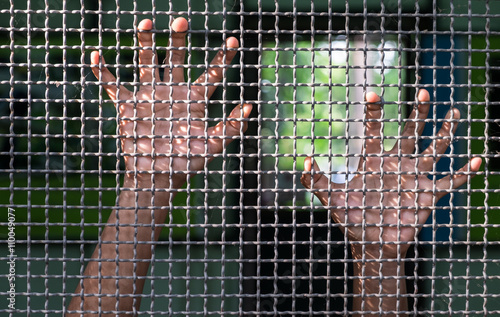 Hands with steel mesh fence, Hand In Jail, concept of life impri