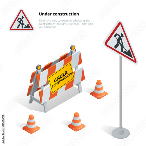 Road repair, under construction road sign, Repairs, maintenance and construction of pavement, Road closed sign with orange lights against. Flat 3d vector isometric illustration.