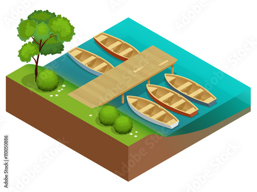 Wooden rowing boats on a wooden pier.  Wooden boat with paddles. Flat 3d isometric vector illustration.
