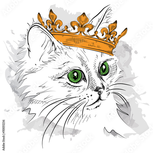 Hand draw Image Portrait cat  in the crown. African / indian / totem / tattoo design. Use for print, posters, t-shirts. Hand draw vector illustration