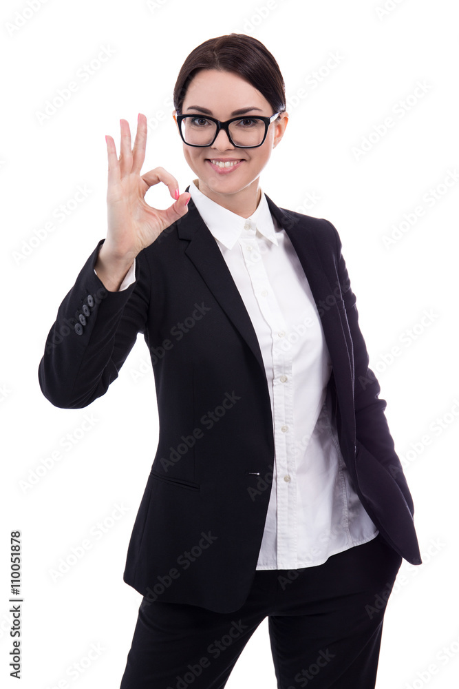 portrait of young beautiful business woman showing ok sign isola portrait of young beautiful business woman showing ok sign isola
