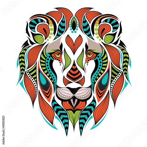 Patterned colored head of the lion. African   indian   totem   tattoo design. It may be used for design of a t-shirt  bag  postcard and poster.