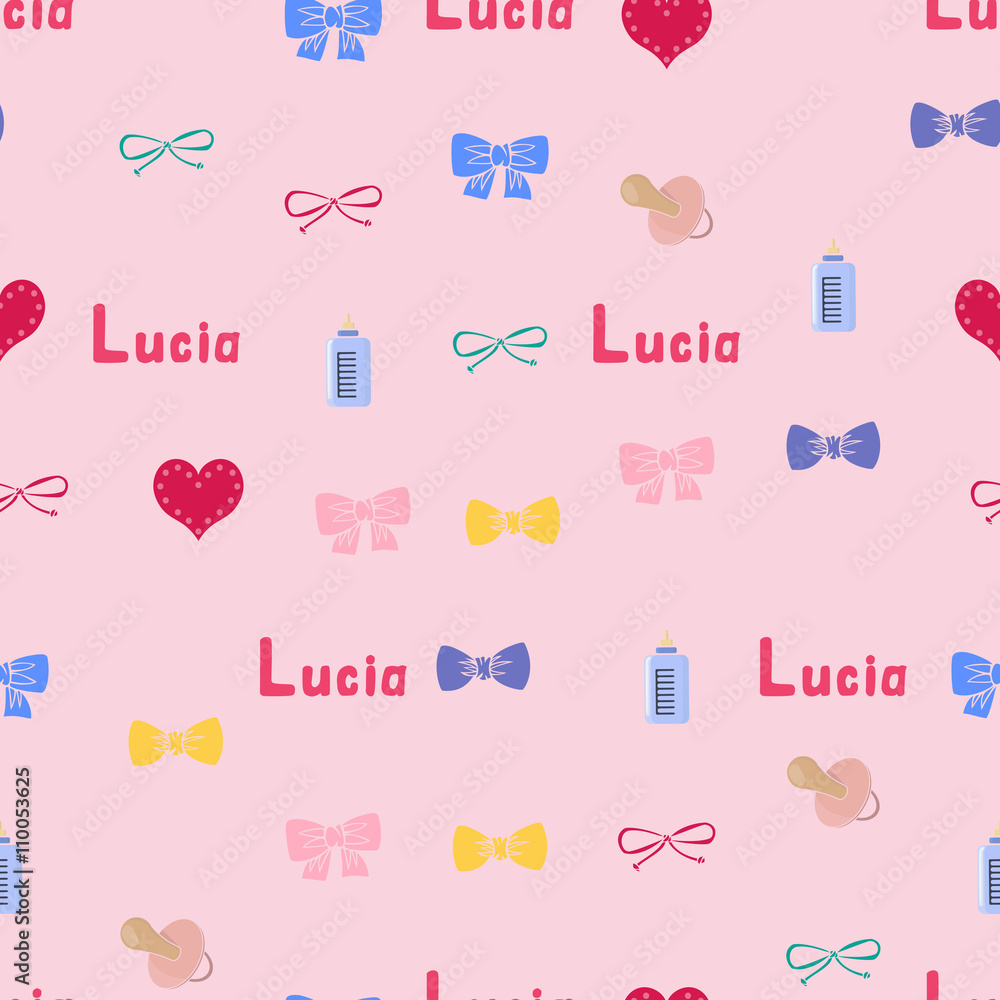Seamless background pattern name Lucia of the newborn. Name baby Lucia. Seamless name Lucia.