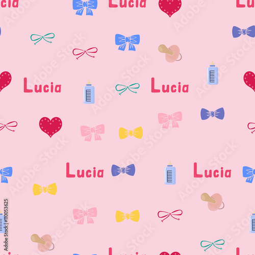 Seamless background pattern name Lucia of the newborn. Name baby Lucia. Seamless name Lucia.