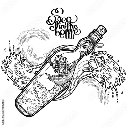 Ancient sunken ship during a storm in the bottle  