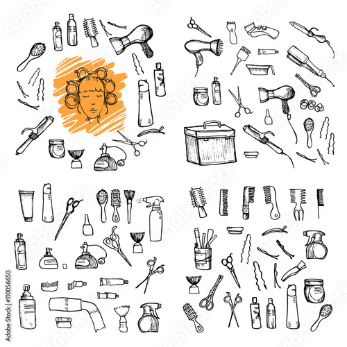 Hand drawn illustration - Hairdressing tools (scissors, combs, s