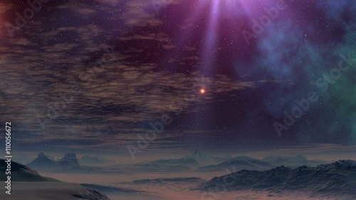 UFO flies up on a beam of light. The bright glowing object (UFO) flies up from the horizon, moving rapidly up the beam of light and disappears in it. 