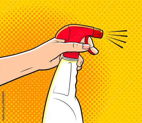comics style illustration of a hand holding cleaning spray