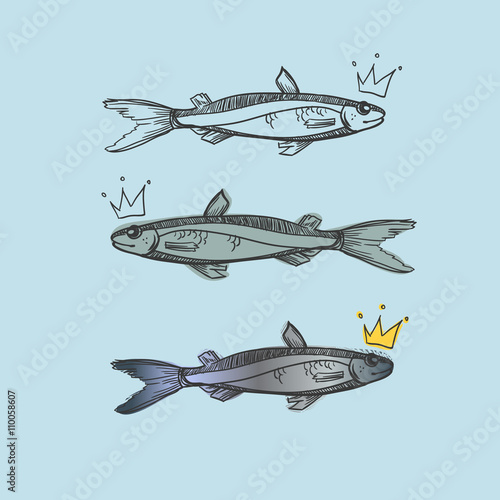 Hand drawn illustration - floating fish with bubbles. Vector