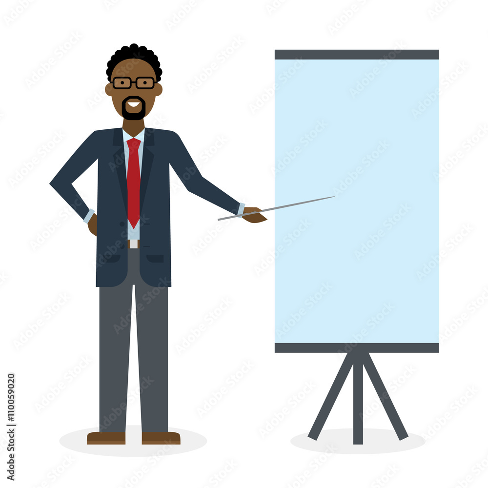 Businessman with pointer and easel board on white background. Teacher or businessman showing and presenting. African american businessman. Office person. Businessman with pointer and easel board on white background. Teacher or businessman showing and presenting. African american businessman. Office person.