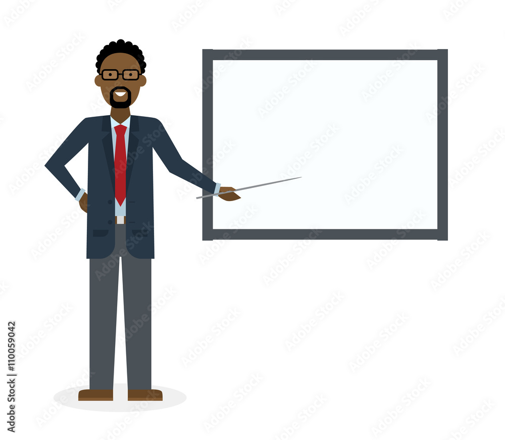 Businessman with pointer and easel board on white background. Teacher or businessman showing and presenting. African american businessman. Office person. Businessman with pointer and easel board on white background. Teacher or businessman showing and presenting. African american businessman. Office person.