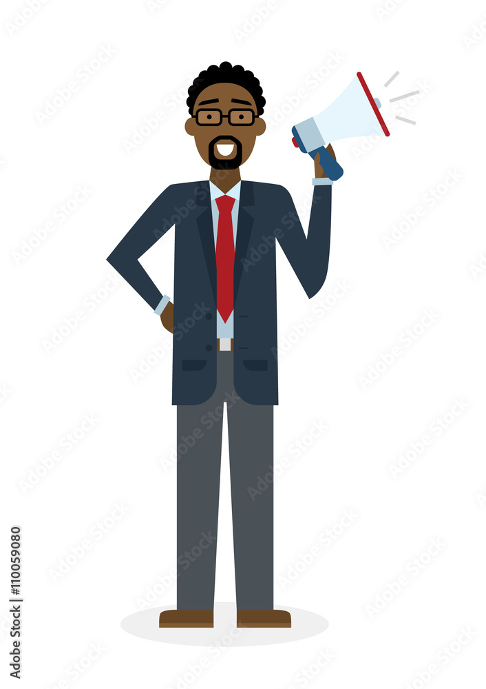 Business man with megaphone on white background. Isolated african american businessman holding loudspeaker and book. Announcement and advertising. Attention please. Loud voice. Business man with megaphone on white background. Isolated african american businessman holding loudspeaker and book. Announcement and advertising. Attention please. Loud voice.