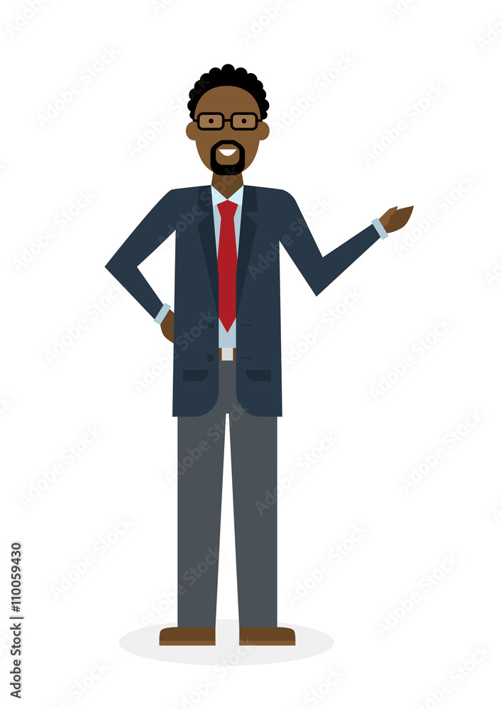 Businessman pointing on white background. Isolated caharacter. African american instructor and adviser. 